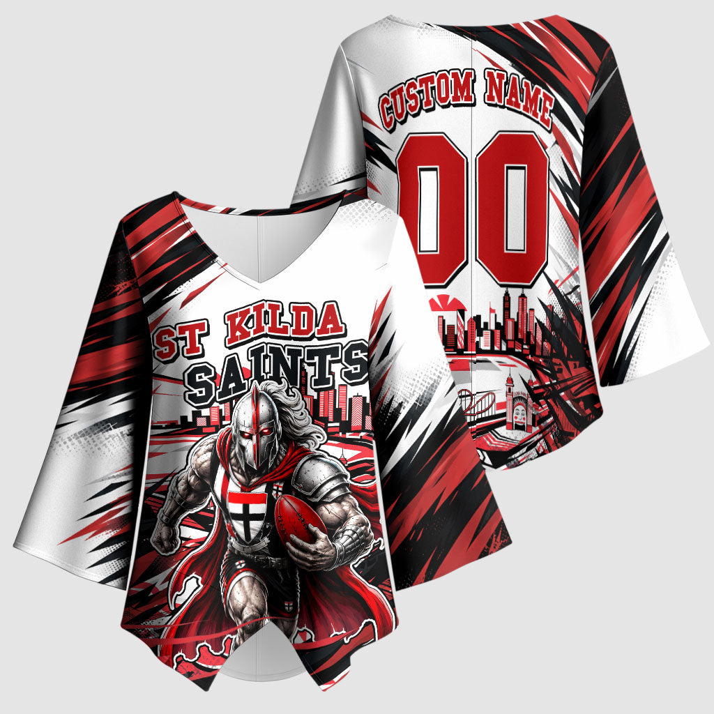 Personalised St Kilda Saints Fan Pride Kimono Sleeve Blouse Crusader Mascot Graphic Art With Melbourne City Skyline