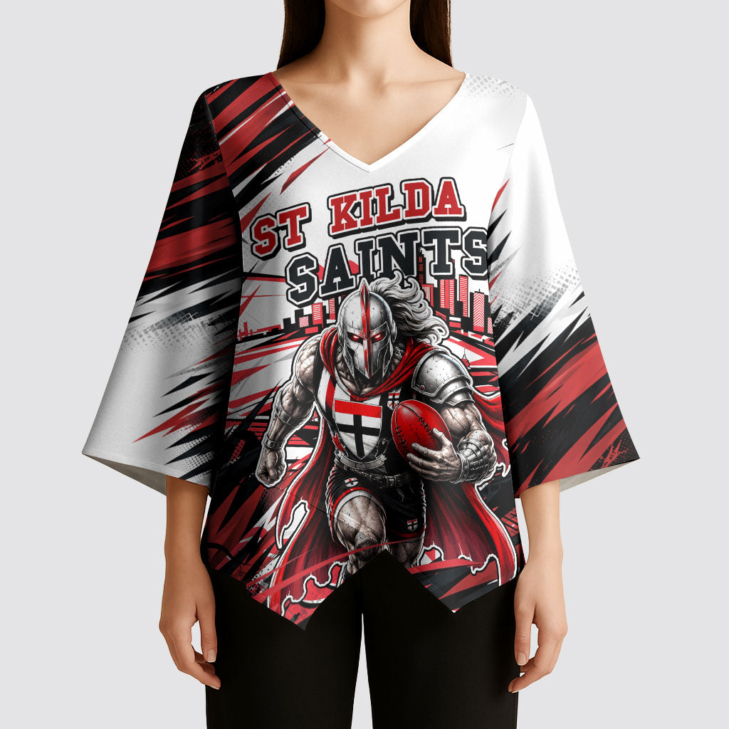 Personalised St Kilda Saints Fan Pride Kimono Sleeve Blouse Crusader Mascot Graphic Art With Melbourne City Skyline