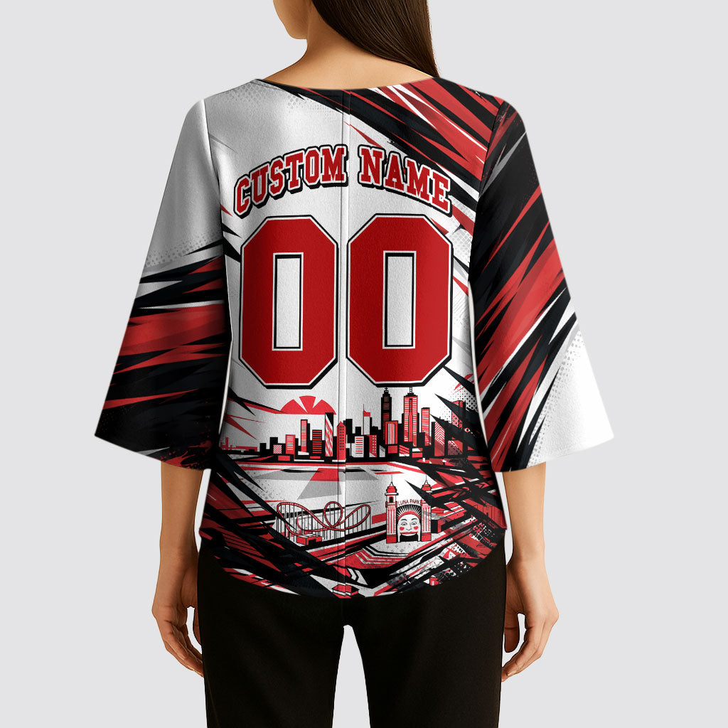 Personalised St Kilda Saints Fan Pride Kimono Sleeve Blouse Crusader Mascot Graphic Art With Melbourne City Skyline
