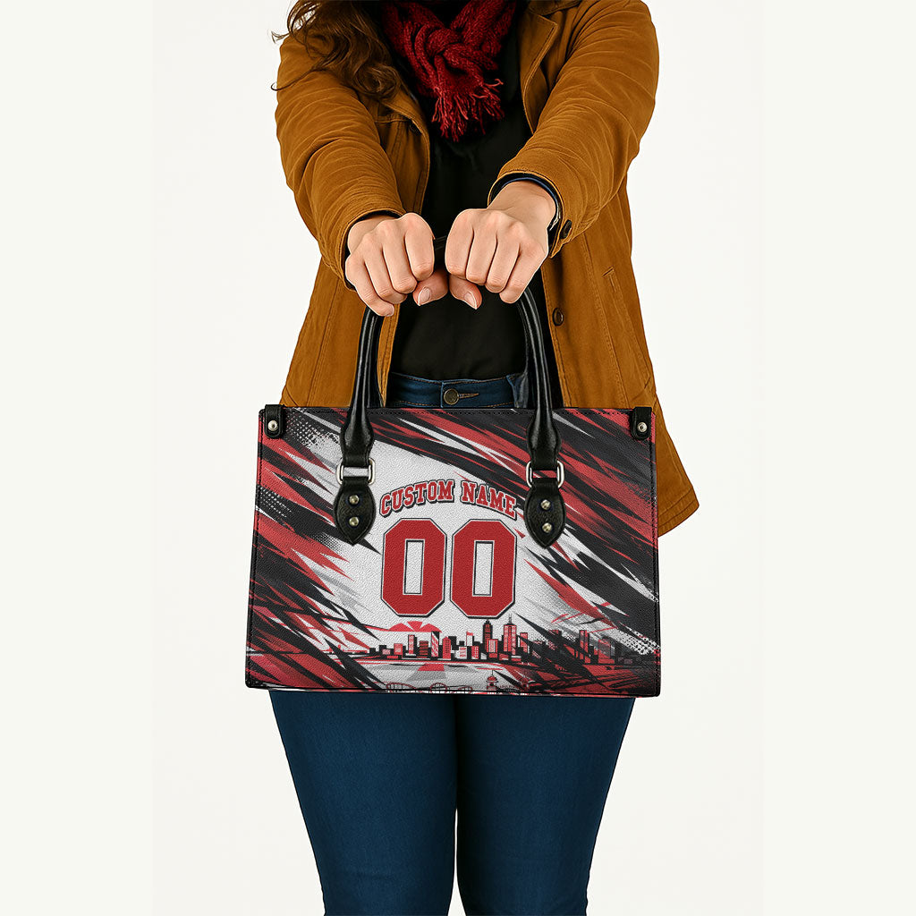 Personalised St Kilda Saints Fan Pride Leather Bag Crusader Mascot Graphic Art With Melbourne City Skyline