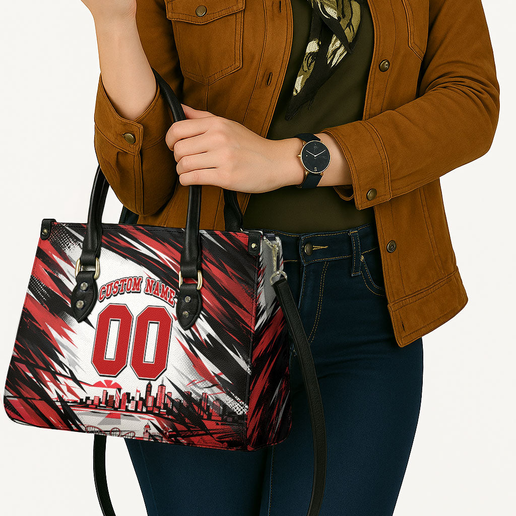 Personalised St Kilda Saints Fan Pride Leather Bag Crusader Mascot Graphic Art With Melbourne City Skyline