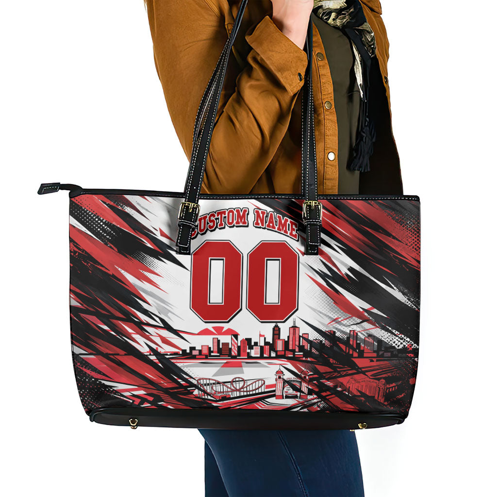 Personalised St Kilda Saints Fan Pride Leather Tote Bag Crusader Mascot Graphic Art With Melbourne City Skyline