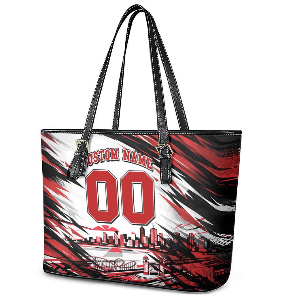 Personalised St Kilda Saints Fan Pride Leather Tote Bag Crusader Mascot Graphic Art With Melbourne City Skyline