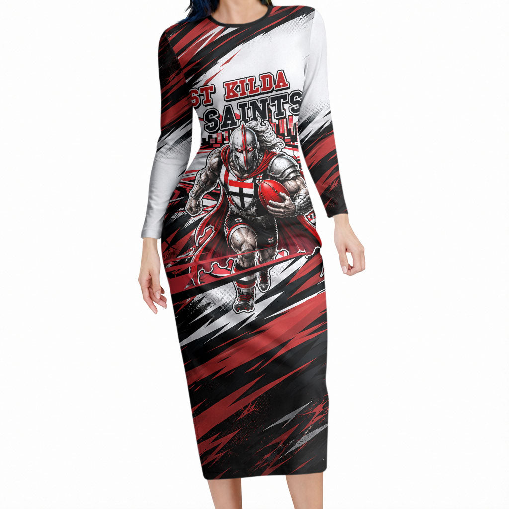 Personalised St Kilda Saints Fan Pride Long Sleeve Bodycon Dress Crusader Mascot Graphic Art With Melbourne City Skyline