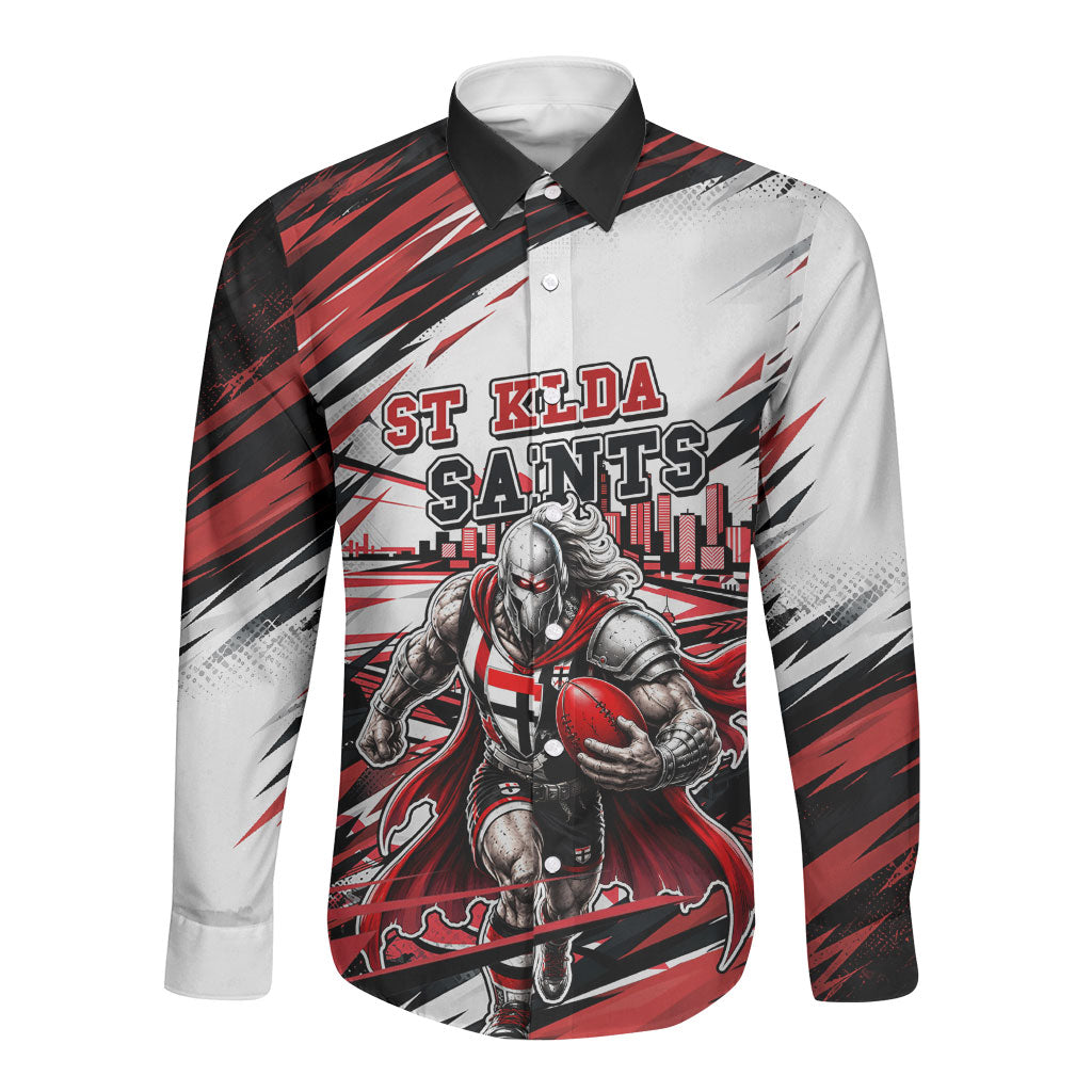 Personalised St Kilda Saints Fan Pride Long Sleeve Button Shirt Crusader Mascot Graphic Art With Melbourne City Skyline