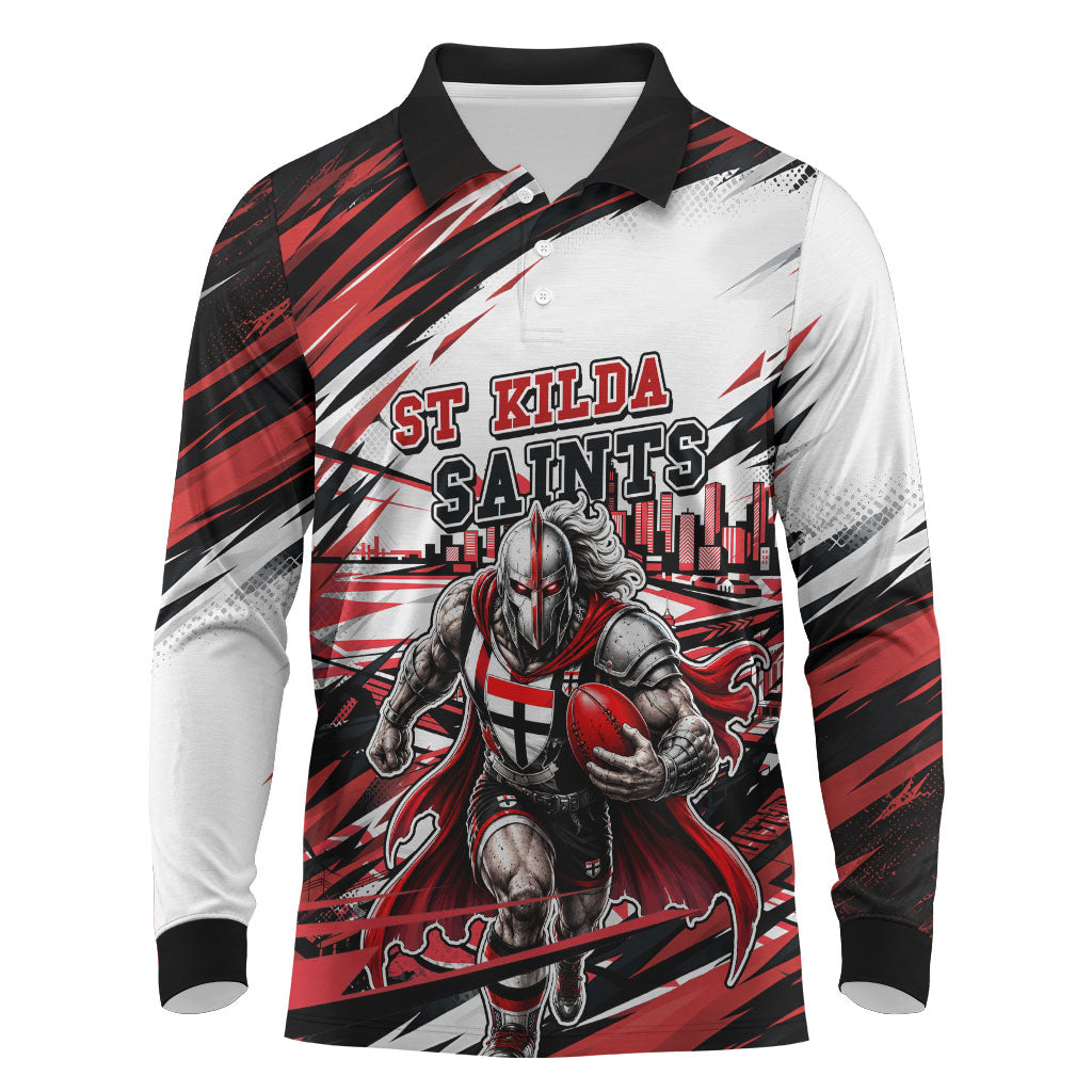 Personalised St Kilda Saints Fan Pride Long Sleeve Polo Shirt Crusader Mascot Graphic Art With Melbourne City Skyline