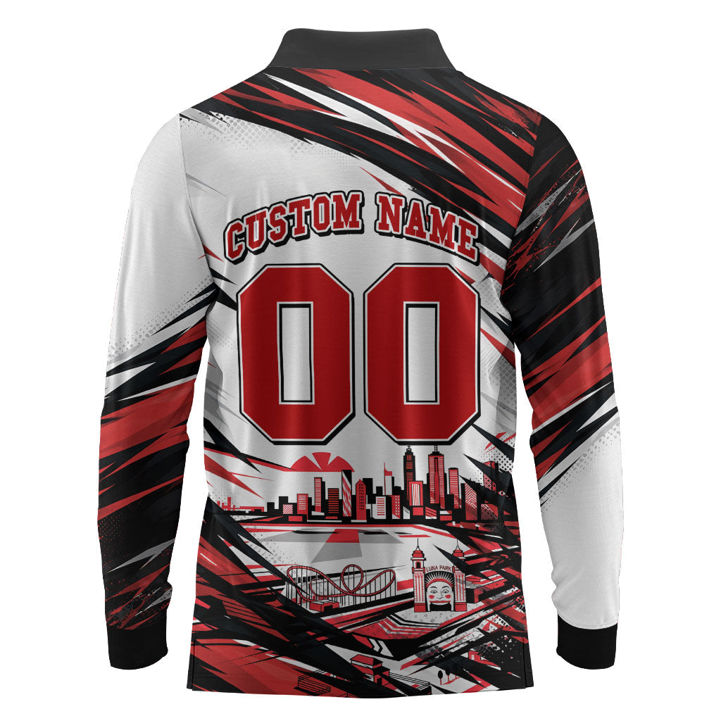 Personalised St Kilda Saints Fan Pride Long Sleeve Polo Shirt Crusader Mascot Graphic Art With Melbourne City Skyline