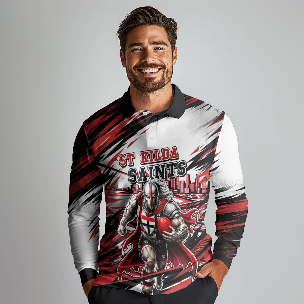 Personalised St Kilda Saints Fan Pride Long Sleeve Polo Shirt Crusader Mascot Graphic Art With Melbourne City Skyline