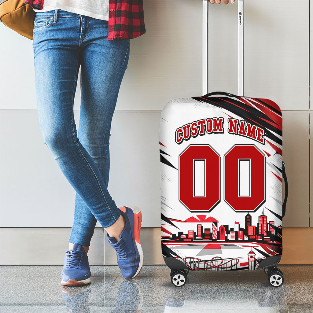 Personalised St Kilda Saints Fan Pride Luggage Cover Crusader Mascot Graphic Art With Melbourne City Skyline