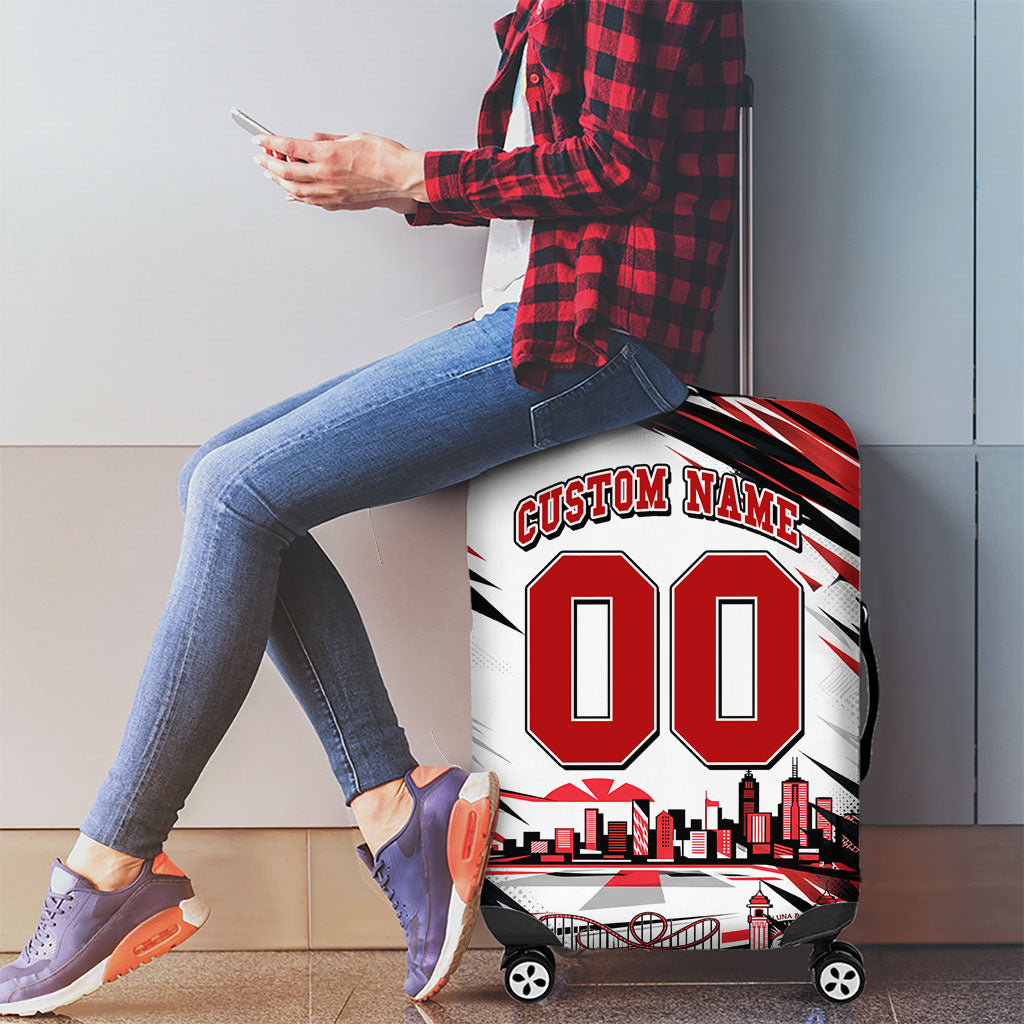 Personalised St Kilda Saints Fan Pride Luggage Cover Crusader Mascot Graphic Art With Melbourne City Skyline