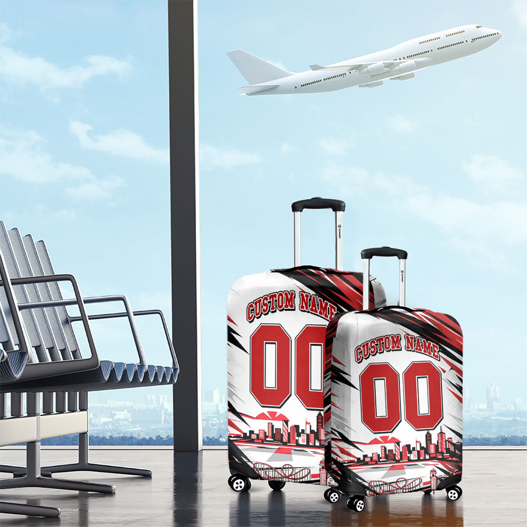 Personalised St Kilda Saints Fan Pride Luggage Cover Crusader Mascot Graphic Art With Melbourne City Skyline