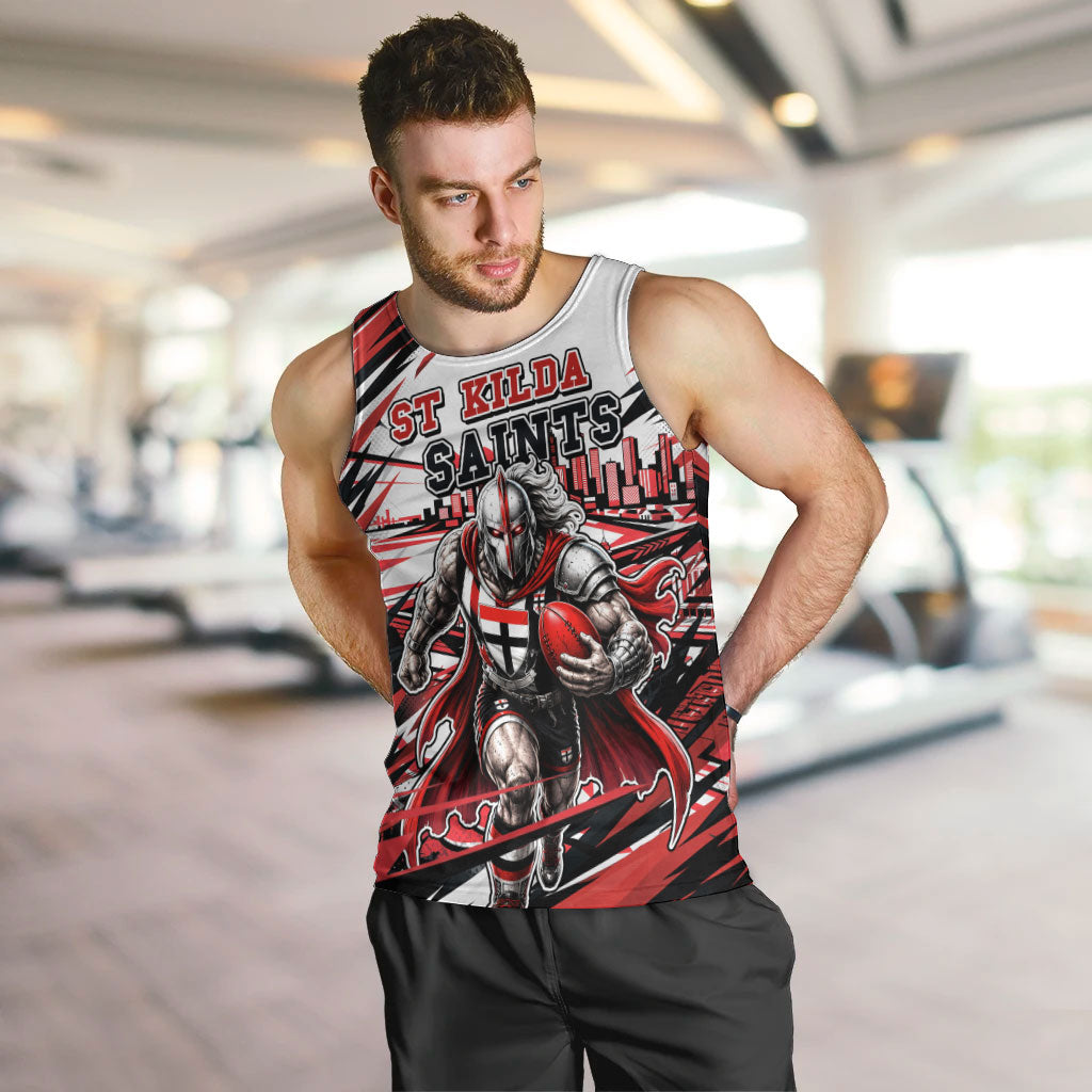 Personalised St Kilda Saints Fan Pride Men Tank Top Crusader Mascot Graphic Art With Melbourne City Skyline