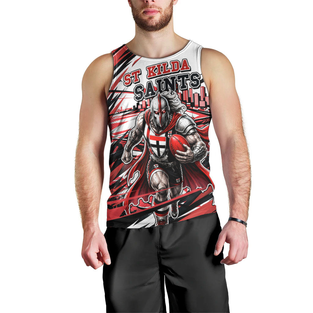 Personalised St Kilda Saints Fan Pride Men Tank Top Crusader Mascot Graphic Art With Melbourne City Skyline