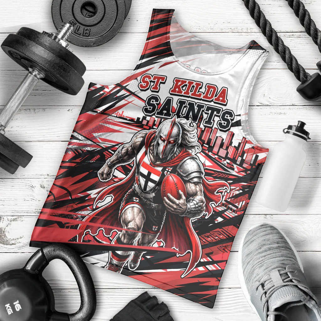 Personalised St Kilda Saints Fan Pride Men Tank Top Crusader Mascot Graphic Art With Melbourne City Skyline
