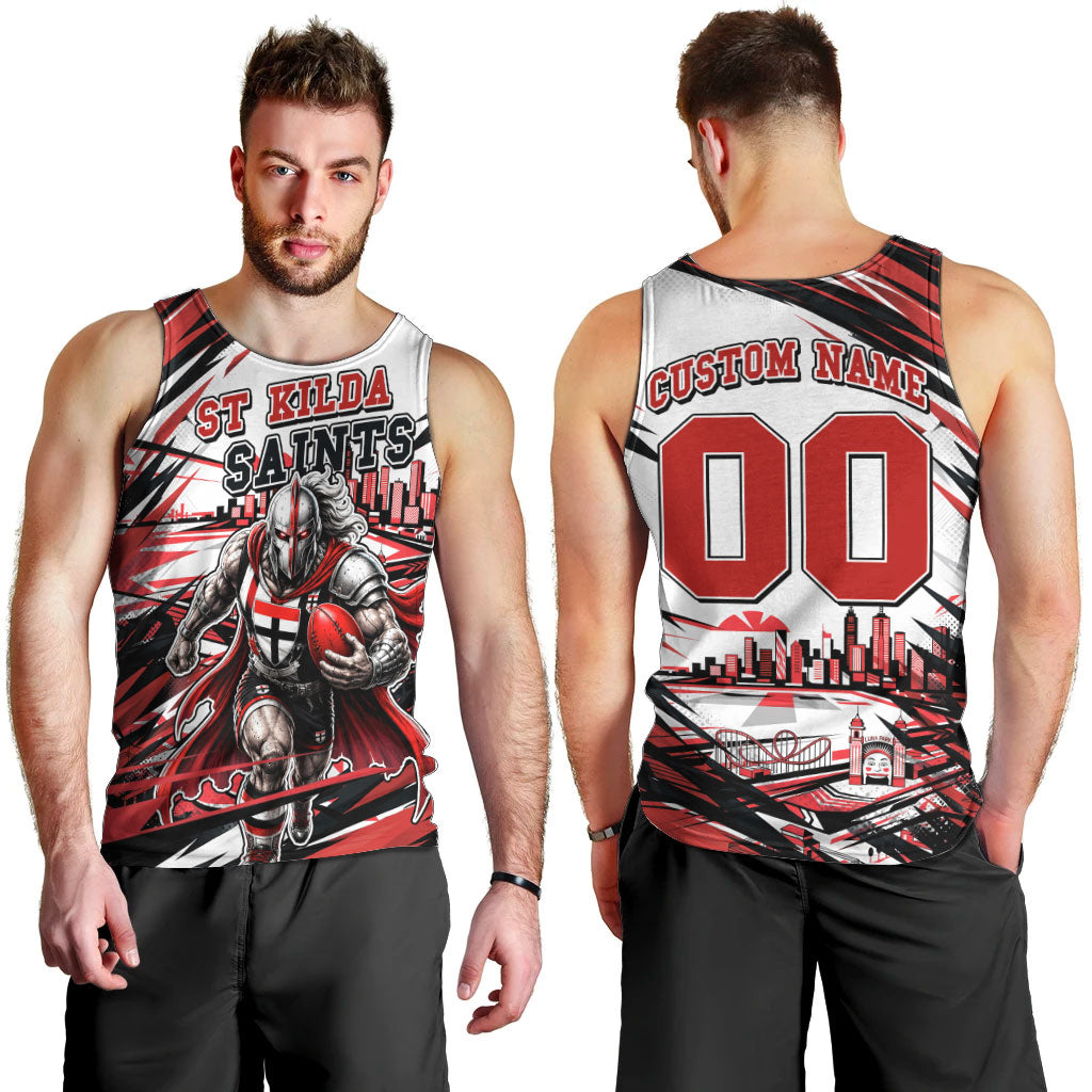 Personalised St Kilda Saints Fan Pride Men Tank Top Crusader Mascot Graphic Art With Melbourne City Skyline