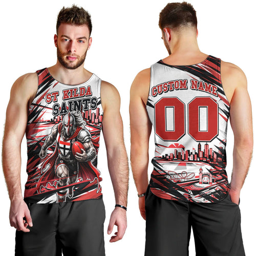 Personalised St Kilda Saints Fan Pride Men Tank Top Crusader Mascot Graphic Art With Melbourne City Skyline