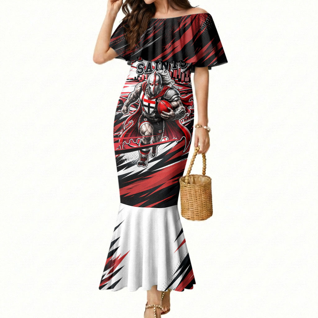 Personalised St Kilda Saints Fan Pride Mermaid Dress Crusader Mascot Graphic Art With Melbourne City Skyline