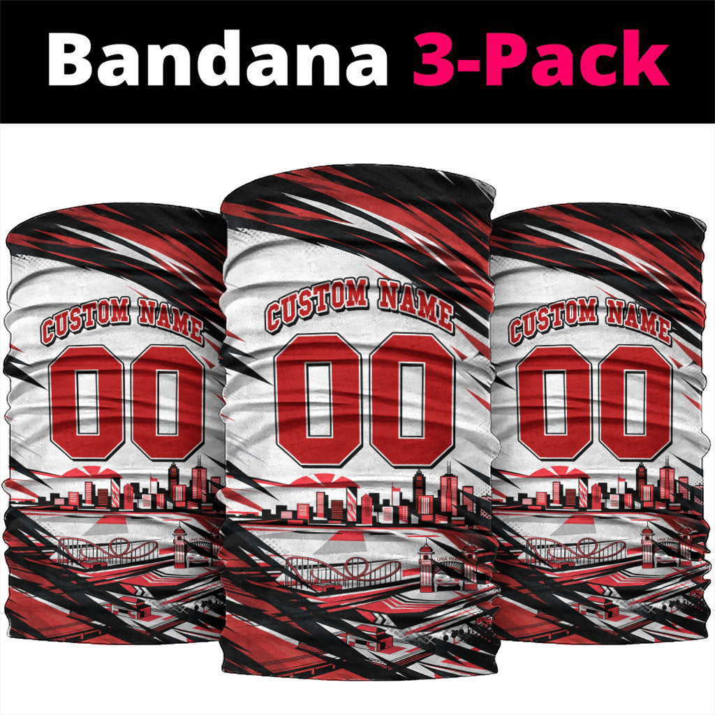 Personalised St Kilda Saints Fan Pride Neck Gaiter Crusader Mascot Graphic Art With Melbourne City Skyline