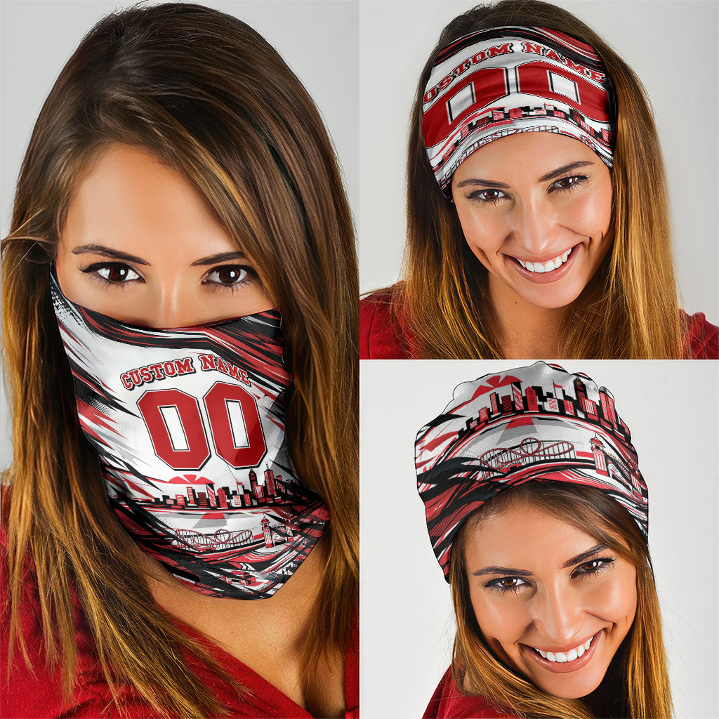 Personalised St Kilda Saints Fan Pride Neck Gaiter Crusader Mascot Graphic Art With Melbourne City Skyline