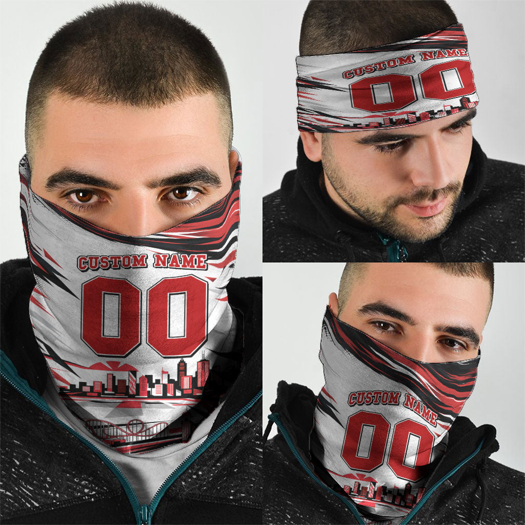 Personalised St Kilda Saints Fan Pride Neck Gaiter Crusader Mascot Graphic Art With Melbourne City Skyline