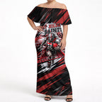 Personalised St Kilda Saints Fan Pride Off Shoulder Maxi Dress Crusader Mascot Graphic Art With Melbourne City Skyline