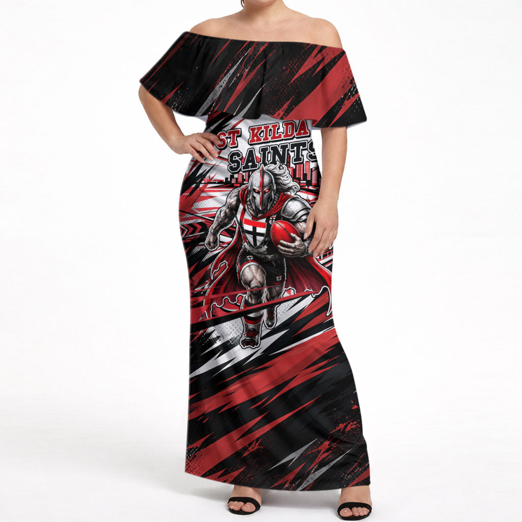 Personalised St Kilda Saints Fan Pride Off Shoulder Maxi Dress Crusader Mascot Graphic Art With Melbourne City Skyline