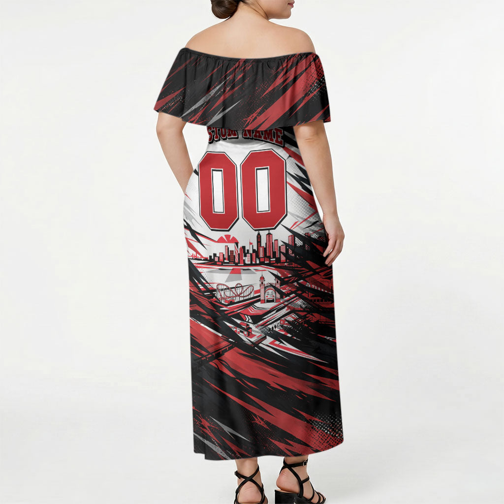 Personalised St Kilda Saints Fan Pride Off Shoulder Maxi Dress Crusader Mascot Graphic Art With Melbourne City Skyline