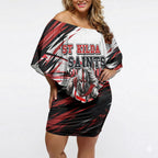 Personalised St Kilda Saints Fan Pride Off Shoulder Short Dress Crusader Mascot Graphic Art With Melbourne City Skyline