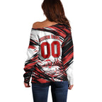 Personalised St Kilda Saints Fan Pride Off Shoulder Sweater Crusader Mascot Graphic Art With Melbourne City Skyline