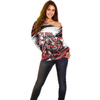 Personalised St Kilda Saints Fan Pride Off Shoulder Sweater Crusader Mascot Graphic Art With Melbourne City Skyline
