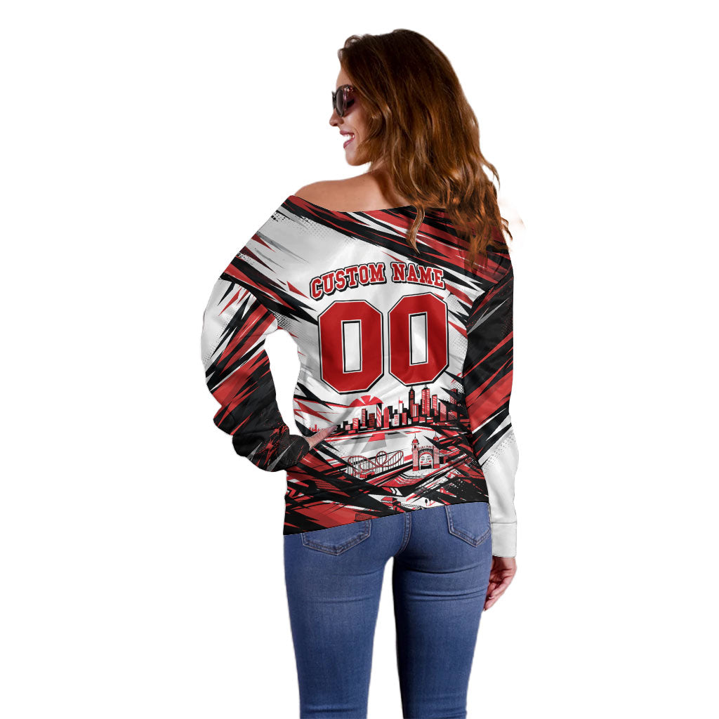 Personalised St Kilda Saints Fan Pride Off Shoulder Sweater Crusader Mascot Graphic Art With Melbourne City Skyline