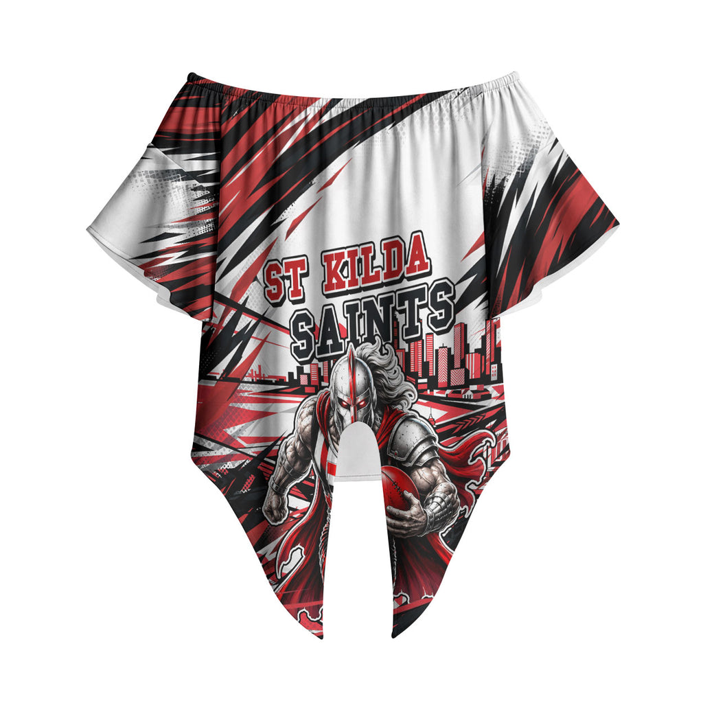 Personalised St Kilda Saints Fan Pride Off Shoulder Wrap Waist Top Crusader Mascot Graphic Art With Melbourne City Skyline