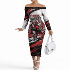 Personalised St Kilda Saints Fan Pride Off The Shoulder Long Sleeve Dress Crusader Mascot Graphic Art With Melbourne City Skyline