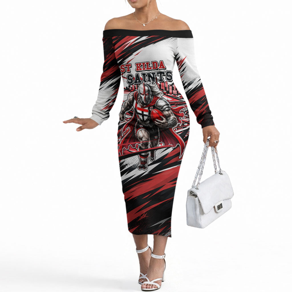 Personalised St Kilda Saints Fan Pride Off The Shoulder Long Sleeve Dress Crusader Mascot Graphic Art With Melbourne City Skyline