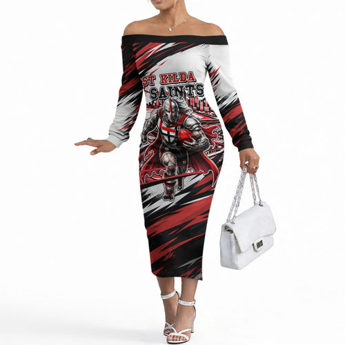 Personalised St Kilda Saints Fan Pride Off The Shoulder Long Sleeve Dress Crusader Mascot Graphic Art With Melbourne City Skyline