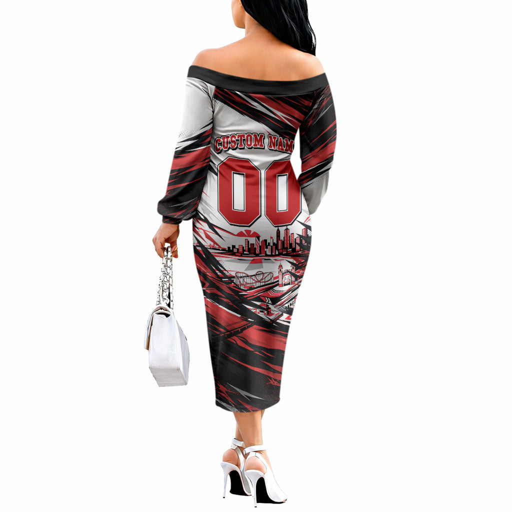 Personalised St Kilda Saints Fan Pride Off The Shoulder Long Sleeve Dress Crusader Mascot Graphic Art With Melbourne City Skyline