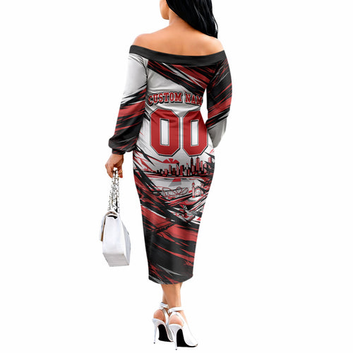 Personalised St Kilda Saints Fan Pride Off The Shoulder Long Sleeve Dress Crusader Mascot Graphic Art With Melbourne City Skyline