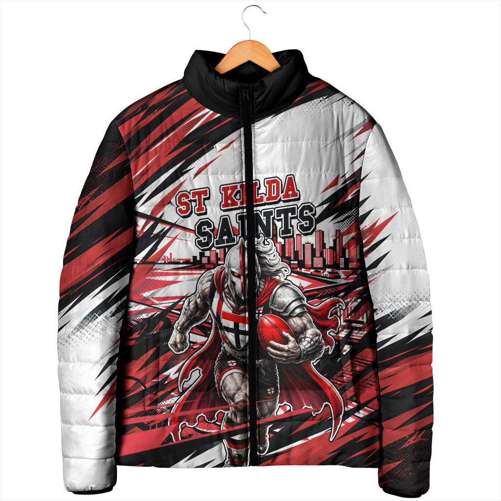 Personalised St Kilda Saints Fan Pride Padded Jacket Crusader Mascot Graphic Art With Melbourne City Skyline