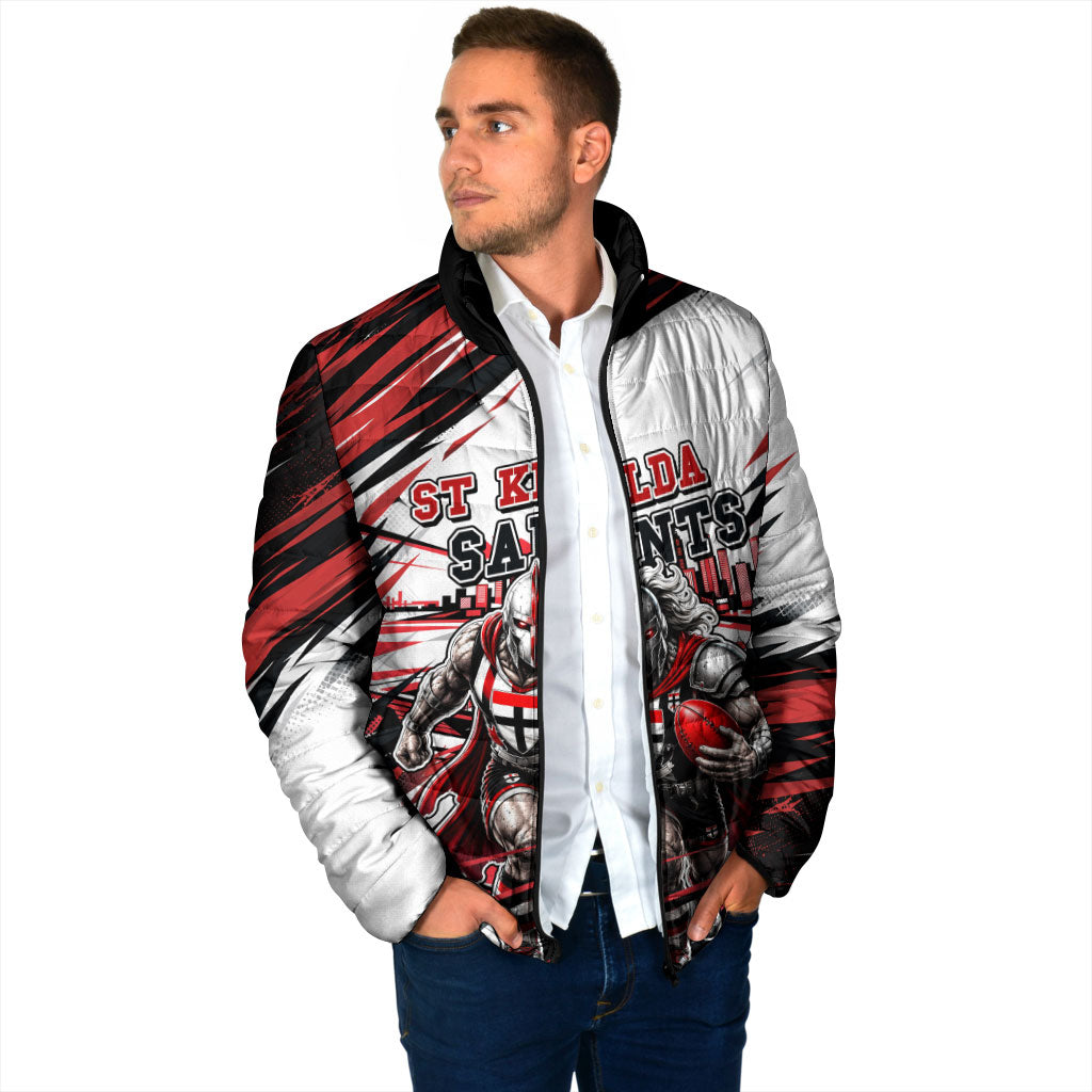 Personalised St Kilda Saints Fan Pride Padded Jacket Crusader Mascot Graphic Art With Melbourne City Skyline