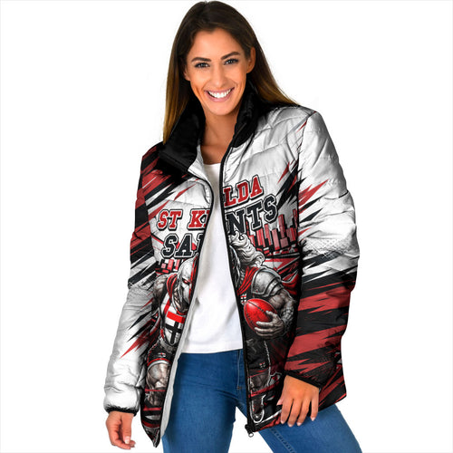 Personalised St Kilda Saints Fan Pride Padded Jacket Crusader Mascot Graphic Art With Melbourne City Skyline