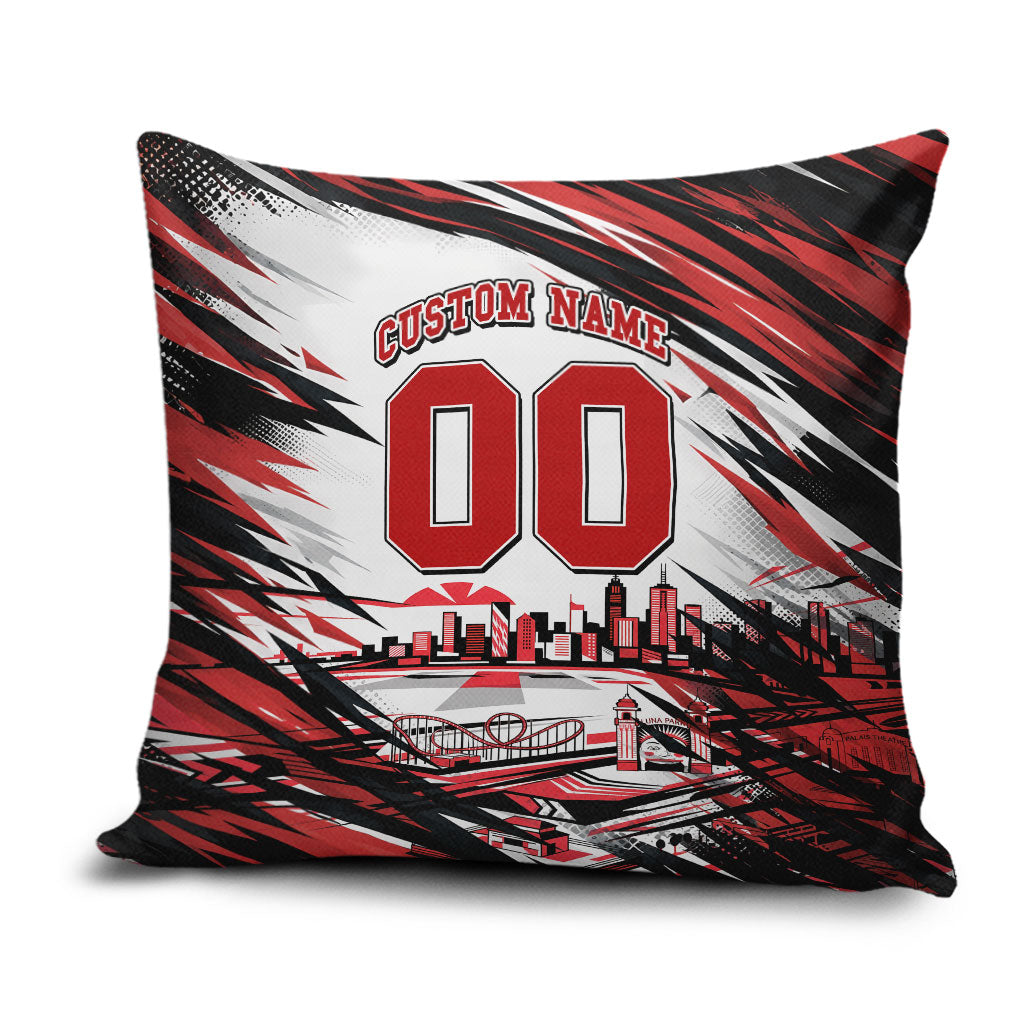 Personalised St Kilda Saints Fan Pride Pillow Cover Crusader Mascot Graphic Art With Melbourne City Skyline