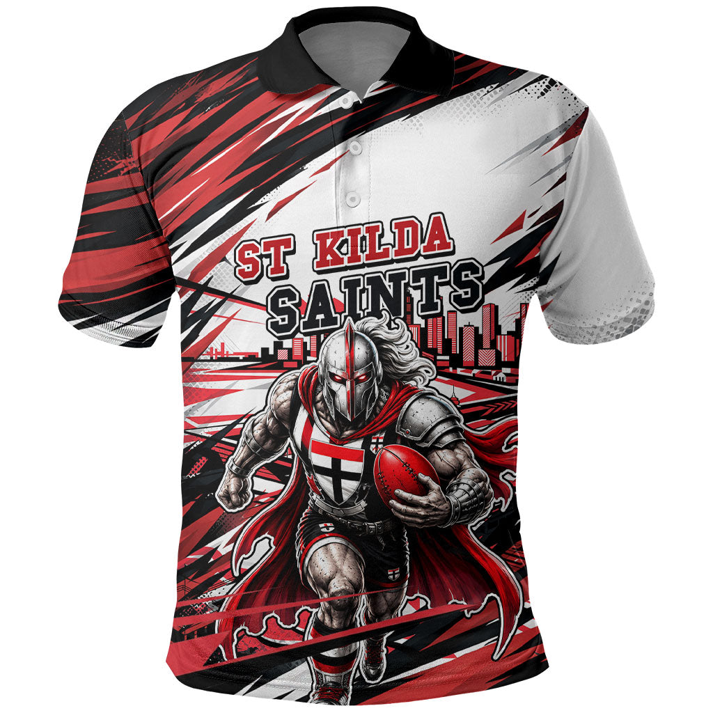 Personalised St Kilda Saints Fan Pride Polo Shirt Crusader Mascot Graphic Art With Melbourne City Skyline