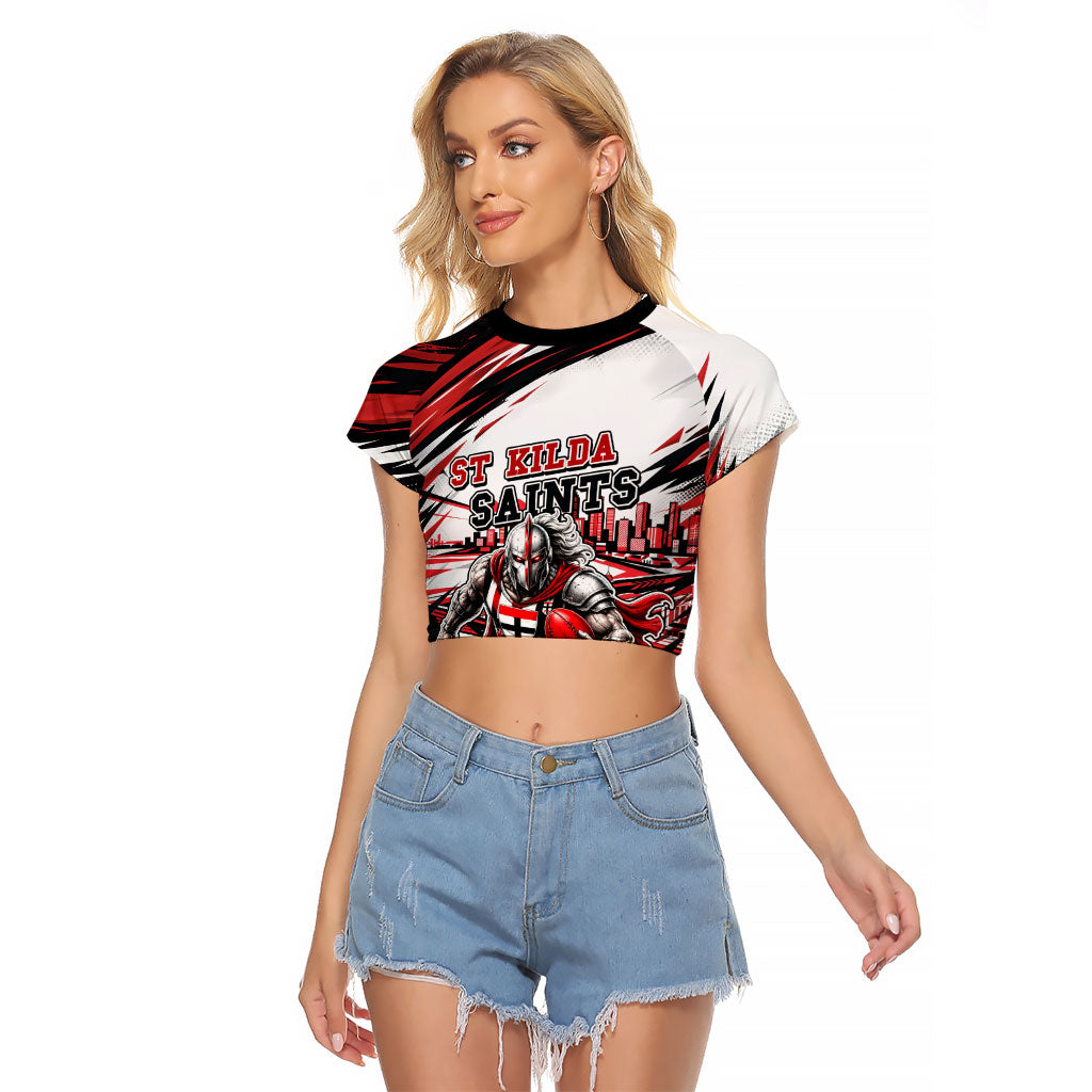 Personalised St Kilda Saints Fan Pride Raglan Cropped T Shirt Crusader Mascot Graphic Art With Melbourne City Skyline