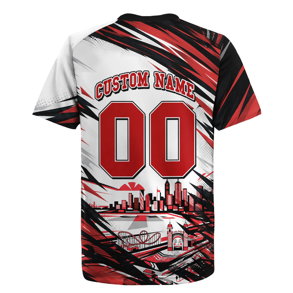 Personalised St Kilda Saints Fan Pride Rugby Jersey Crusader Mascot Graphic Art With Melbourne City Skyline