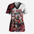 Personalised St Kilda Saints Fan Pride Scrub Top Crusader Mascot Graphic Art With Melbourne City Skyline