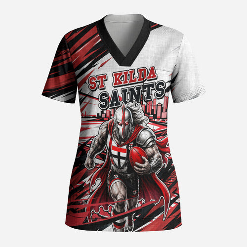Personalised St Kilda Saints Fan Pride Scrub Top Crusader Mascot Graphic Art With Melbourne City Skyline