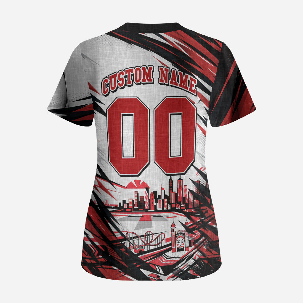 Personalised St Kilda Saints Fan Pride Scrub Top Crusader Mascot Graphic Art With Melbourne City Skyline
