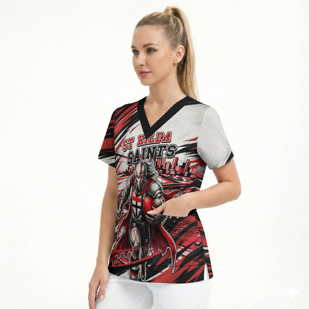 Personalised St Kilda Saints Fan Pride Scrub Top Crusader Mascot Graphic Art With Melbourne City Skyline
