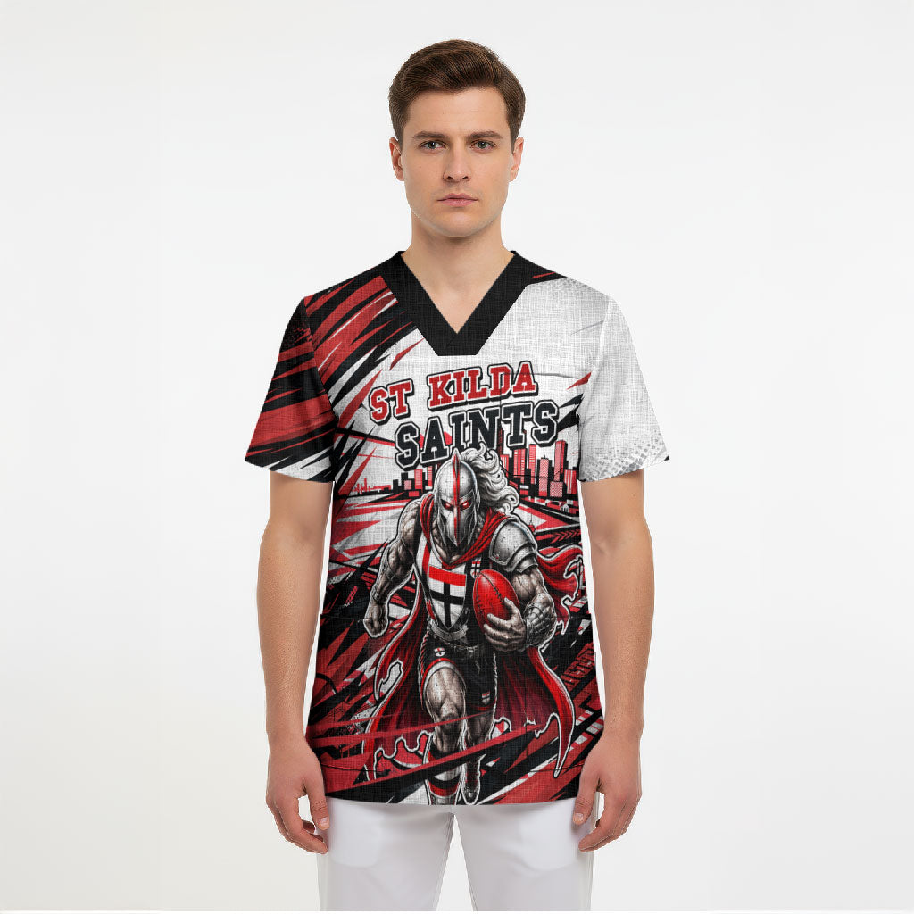Personalised St Kilda Saints Fan Pride Scrub Top Crusader Mascot Graphic Art With Melbourne City Skyline