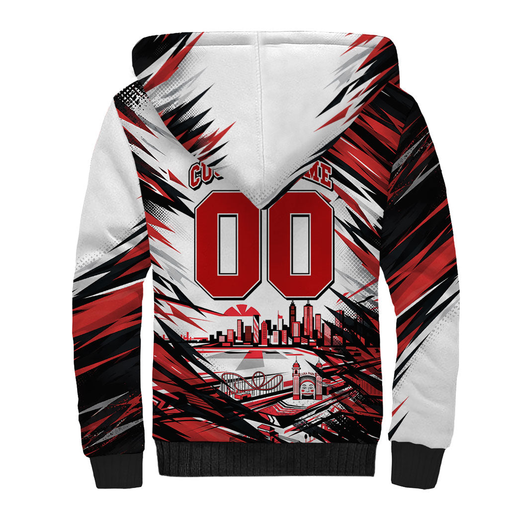 Personalised St Kilda Saints Fan Pride Sherpa Hoodie Crusader Mascot Graphic Art With Melbourne City Skyline